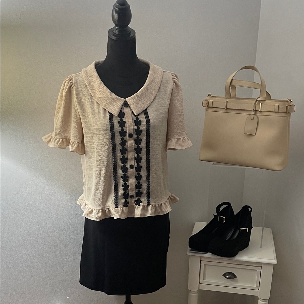 Beige and Black Flower Embellished Blouse